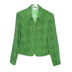 Vintage 90s Silk Neon Green Cheetah Cropped Zip Front Jacket Blazer S Y2K